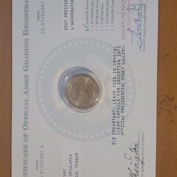 2007 Certificate of Official Grading Registration George Washington Coin - Picture 2 of 2